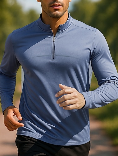  Herren Golf-Poloshirt Laufshirt Tennis Shirt Viertel Postleitzahl Langarm T-Shirt Atmungsaktiv Schnelltrocknend Leicht Tennis Golfspiel Laufen Sportbekleidung Sportkleidung Einfarbig Blau Grau