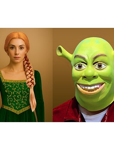  Shrek-Perücke für Damen, Prinzessin Fiona, das Monster Finona, Rollenspiel, orangefarbene geflochtene Haarperücke, Halloween-Perücken