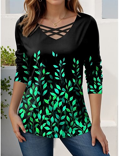  Damen T Shirt Blumen Grafik Stilvoll Lässig Langarm V Ausschnitt Normale Oberteile Täglich Ausschnitt Druck Rote Blau Purpur Grün Frühling Herbst