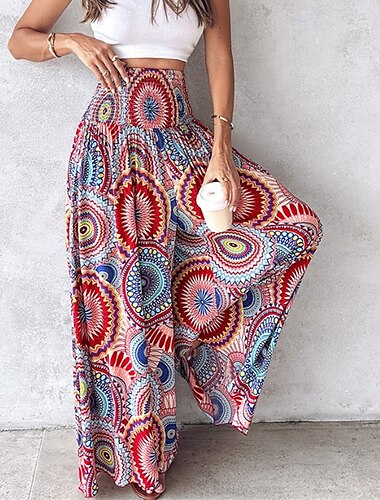  Damen Weites Bein Hosen Hose Lässig Boho Volle Länge Hohe Taille Einfach Tasche Elastisches Kordelzugdesign Hoher Schnitt Atmungsaktivität Weich Mikroelastisch Urlaub Straße Alltagskleidung Schwarz