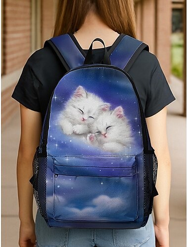  Süßer Rucksack mit Katzen-Print für Mädchen, leichte Schultasche mit Netztaschen und großem Fassungsvermögen, Cartoon-Kätzchen-Design für Grundschüler und den täglichen Gebrauch, Kayomi Harai