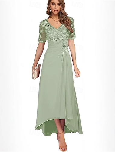  A-Linie Brautmutterkleid Elegant Einfach V Ausschnitt Asymmetrisch Chiffon Kurzarm mit Einfarbig 2025