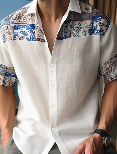  Herren Hemd Sommerhemd Freizeithemd Strandhemd Knopfhemd Weiß Blau Dunkelblau Kurzarm Blatt Revers Urlaub Hawaiianisch Druck Bekleidung Polyester Mode Lässig Bequem
