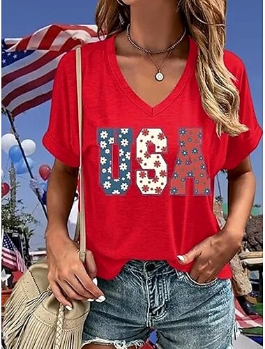  Tricou patriotic pentru femei grafic cu steagul american vintage stilat clasic cu mânecă scurtă gât în V regular pentru uz zilnic imprimat negru roșu albastru marin vară primăvară