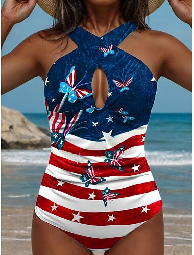  Unabhängigkeitstag Damen Badeanzüge Einteiler Patriotischer Juli Monokini Badeanzüge Rückenfrei Bauchkontrolle Hoch tailliert Slim Urlaub Strandbekleidung Flagge U-Ausschnitt Ärmellos Bademode