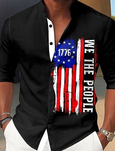  Tag der Unabhängigkeit Herren US Flagge Patriotisch 1776 Hemd Stehkragenhemd Lässiges Hemd Langarm Lässig Ferien Sommer Frühling Mandarinkragen Stehkragen 3D-Druck Hemden mit Knopfleiste Weiß Rote
