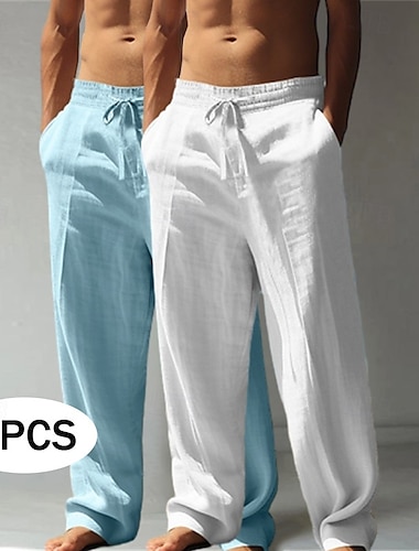  Voor heren Linnen broek Broek Zomerbroek Wijde broek Strandbroeken Trekkoord Elastische taille Recht been Effen Comfort Ademend Volledige lengte Casual Dagelijks Feestdagen Vakantie Klassieke Stijl