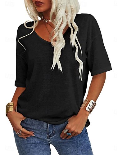  Damen Bluse Einfarbig Täglich Basic Lässig Kurzarm V Ausschnitt Normale Oberteile Täglich Schwarz Weiß Rosa Blau Sommer