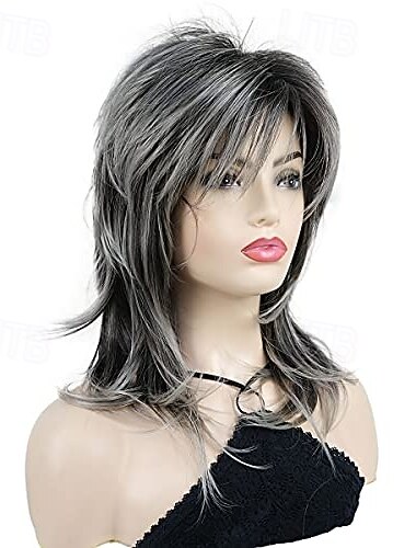  Shaggy Layered Wig with Bangs, Shoulder Length Natural Straight Shags Wig, Soft Synthetic Hair Halloween Wigs