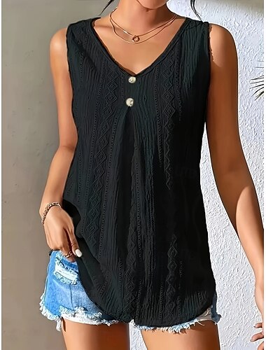  Damen Camisole-Tanktop Einfarbig Täglich Lässig Ärmellos V Ausschnitt Normale Oberteile Täglich Knöpfe Schwarz Weiß Sommer Frühling