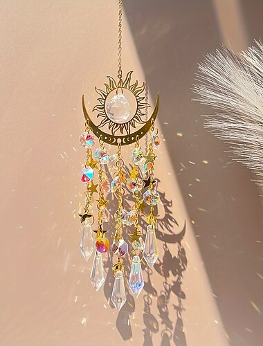  Attrape-soleil en cristal, ornement suspendu en forme de lune à flamme dorée, décoration de fenêtre de couleur AB pour jardin intérieur extérieur, cour, chambre à coucher, attrape-soleil pour