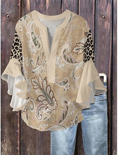  Dam Blus Paisley Stylish Modern 3/4 ärm V-hals Vanliga toppar Dagligen Helgdag Volang Mönster Svart Vin Blå Kaki Sommar