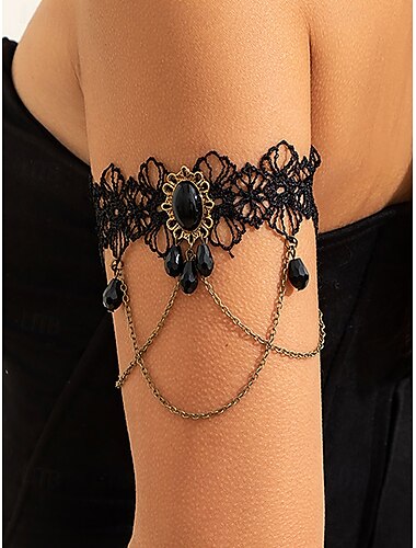  Pulsera de encaje gótico para mujer con colgante de gema negra y cadenas, brazalete estilo steampunk vintage para fiestas de disfraces de Halloween o accesorios de cosplay.