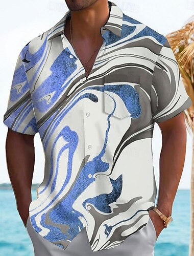  Herren Geometrisch Abstrakt Marmor Hemd Sommerhemd Knopfhemd Kurzarm Modisch lässig Outdoor Urlaub Alltagskleidung Sommer Frühling Umlegekragen 3D-Druck Hemden mit Kragen Eine Tasche vorne Blau