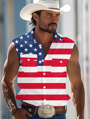  Tag der Unabhängigkeit Herren Amerikanische US-Flagge Patriotisch Vierter Juli Hemd Westernhemd Cowboy-Shirt Ärmellos Modisch lässig Ferien Sommer Frühling Umlegekragen Zwei Fronttaschen Hemden mit