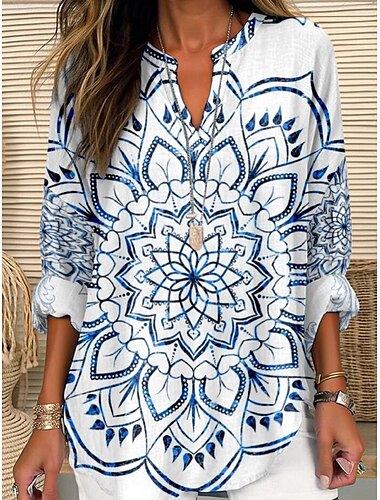  Damen Hemd Blumen Stilvoll Modern Langarm V Ausschnitt Normale Oberteile Täglich Ferien Knöpfe Druck Weiß Blau Sommer