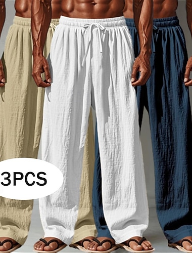  Voor heren Linnen broek Broek Zomerbroek Wijde broek Strandbroeken Trekkoord Elastische taille Recht been Effen Comfort Ademend Volledige lengte Buiten Casual Dagelijks Vakantie Modieus Wit + Zwart