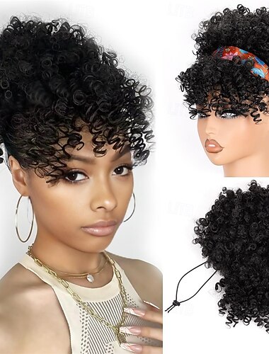  Culík se stahovací šňůrkou pro černošky, afro nafouklé, kudrnaté, prodloužení vlasů s ofinou, černý updo, culík z přírodních vlasů