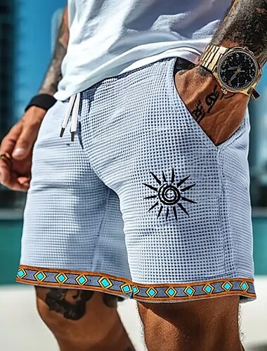  Herren Sonne Ethnisch Indische Kultur Waffel-Shorts Sweat-Shorts Freizeitshorts Mittlere Taille Retro Vintage Urlaub Joggen Trainieren Elastischer Kordelzug in der Taille Shorts mit Taschen Designer
