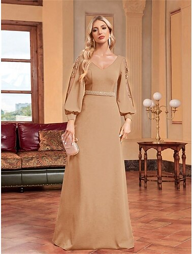  A-vonalú Quinceanera Ruhák Elegáns Ruha Formális Esküvő Padló Hossza Hosszú Ujjú V Nyak Szatén Gyöngyökkel
