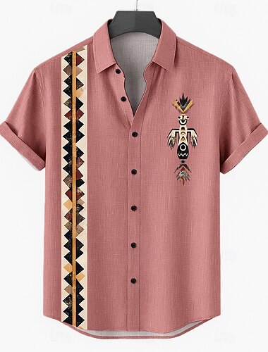  Herren Leinenhemd Sommerhemd Strandbekleidung Knopfhemd Geometrisch Urlaub Lässig Rote Grün Khaki Kurzarm Umlegekragen Sommer Frühling Bekleidung