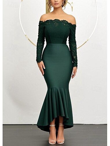  Meerjungfrauenschnitt Kleider für Hochzeitsgäste Elegant Kleid Hochzeitsgast Verlobung Asymmetrisch Langarm Schulterfrei Spitze mit Rüschen 2025