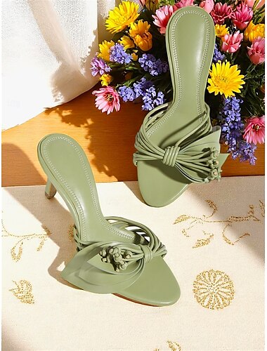 Grüne Damensandalen mit Absatz – elegante Slip-On-Schuhe mit offener Spitze und floralem Schleifendetail für legere Verabredungen und Sommeroutfits