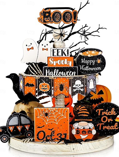  15-teiliges Halloween-Dekor-Set mit gestuften Tabletts, süße schwarze und orange Holzschilder, fröhliche Halloween-Geisterblock-Dekorationen für die Tischdekoration auf dem Bauernhof