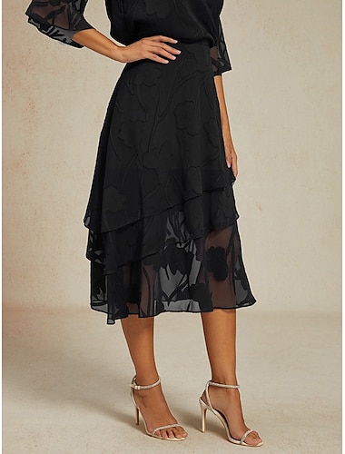 Dam Kjol Elegant Midi Medium Midja Kjolar Blommig Multi lager Oelastisk Fest Casual Svart Sommar Chiffong
