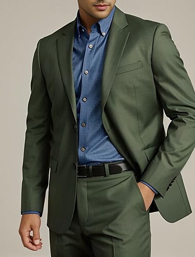  De los hombres Negocio Trajes Verde Ejército Moda Formal Color sólido Estándar Juego de 2 piezas Recto 2 botones