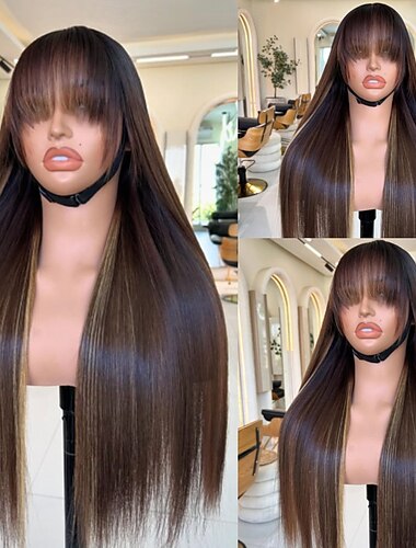  Perruque Cheveux Naturel Rémy 5x5 Fermeture dentelle frontale 13x4 Cheveux vietnamiens Lisse Marron Multicolore Avec frange Femmes Densité 130% 150% we say baby hair Cheveux Mèches / Balayage 100