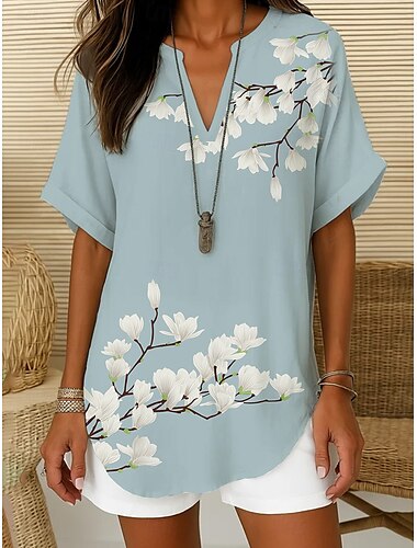  Damen Boho-Hemd Blumen Grafik Bohemien Aktiv Vintage Kurzarm V Ausschnitt Normale Oberteile Täglich Ferien Strandbekleidung Rote Blau Purpur Beige Sommer Frühling