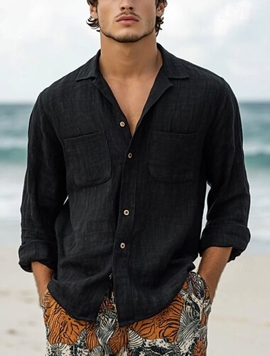  Hombre Camisa Camisa de lino Camisa casual Abotonar la camisa Remera de algodón Plano Vacaciones Hawaiano Negro Manga Larga Diseño Primavera Otoño Ropa Bolsillo