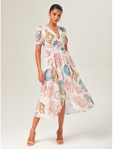  Per donna Femminile Vestito Casual Abito Lungo Maxi Abito Rosa Maniche Corte Creature marine Estate Scollo a V Vacanza XS S M