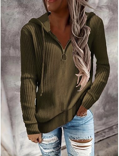  Damen Pullover Lässig Weich Einfarbig Gerippt Mit Kapuze Gestrickt Langarm Normale Oberteile Stricken Outdoor Täglich Wochenende Schwarz Weiß Herbst Winter