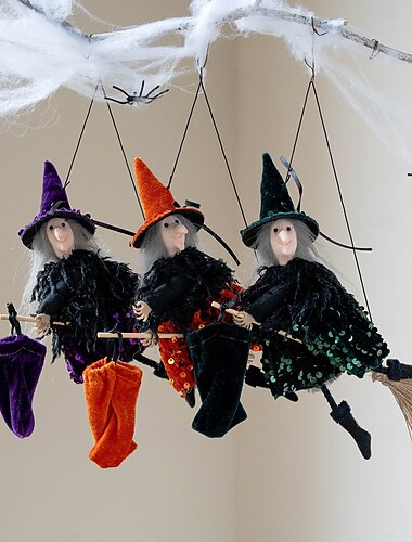  Halloween Hexen Ornament Set Zauberbesen, Geschenktüte, Hexenhut, Kostüm Requisiten gruselige Party Deko für Spukhaus, Hof, Szenenaufbau