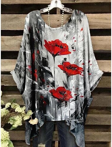  Damen Boho-Hemd Blumen Grafik Elegant Bohemien Tropisch Kurzarm Fledermaus Ärmel Rundhalsausschnitt Normale Oberteile Täglich Ferien Strandbekleidung Schwarz Gelb Rosa Blau Beige Sommer Frühling