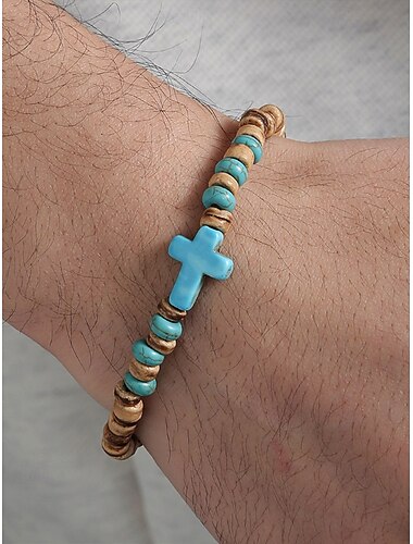  Herrenarmband aus Naturholzperlen mit türkisfarbenem Kreuz – handgefertigtes Boho-Stretcharmband für Freizeitkleidung, Sommeroutfits und Strandstimmung