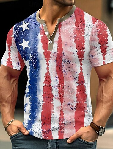  Herren Amerikanischer Unabhängigkeitstag Flagge T Shirt Henley Hemd Kurzarm Designer Retro Vintage Lässig Straße Lässig Täglich Sommer Frühling Weiß Henley Henley T-Shirt