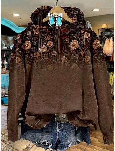  Mujer Sudadera con capucha Pullover Floral Cálido Vintage occidental Manga Larga Con Capucha Tops regulares Calle Uso Diario Ropa de vacaciones Estampado Negro Blanco Rosa Naranja Marrón Otoño