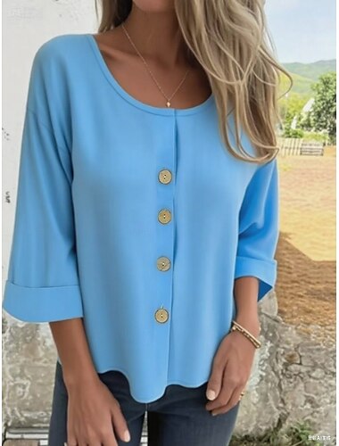  Damen Bluse Einfarbig Elegant Stilvoll Lässig Langarm Rundhalsausschnitt Normale Oberteile Täglich Ferien Schwarz Weiß Blau Braun Beige Frühling Herbst