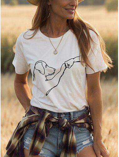  Damen T Shirt Grafik Tiermotiv Hund Vintage Stilvoll Klassisch Kurzarm Rundhalsausschnitt Rundhals Normale Oberteile Täglich Wochenende Druck Schwarz und weiss Weiß / Schwarz Weiß Rosa Rote Sommer