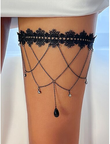  Gothic Vintage-Oberschenkelkette aus Spitze für Damen mit roter Kristallkette – elastischer Oberschenkelschmuck für Halloween-Partys, Cosplay und Vintage-Anlässe