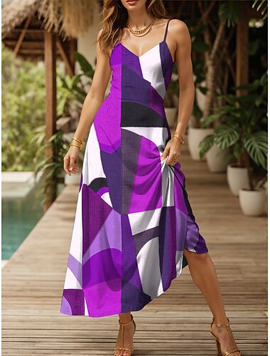  Damen Maxikleid A Linie Kleid Sommerkleid Unterkleid Elegant Urlaub Lässig Strand Normale Passform Grafik Geometrisch Abstrakt Ärmellos V Ausschnitt Gelb Rote Blau Purpur Sommer Frühling