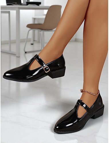  Schwarze Mary-Jane-Schuhe aus Lackleder mit T-Riemen für Damen – spitze Schuhe mit niedrigem Blockabsatz für Büro, Schule und halbformelle Anlässe