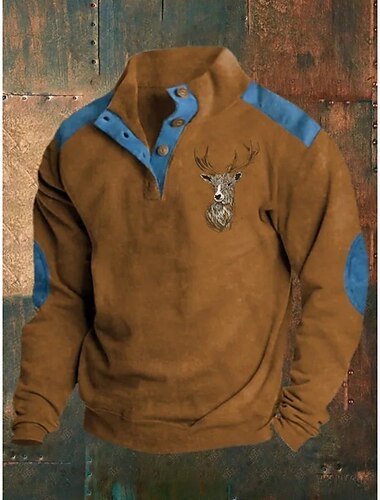  Herren Sweatshirt Schwarz Marineblau Braun Khaki Stehkragen Grafik Rentier Druck Täglich Ferien Ausgehen Polyester Vintage Streetwear Lässig Herbst Winter Bekleidung Kapuzenpullover Sweatshirts