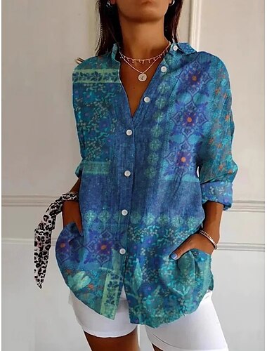  Damen Hemd Blumen Grafik Vintage Ethnisch Langarm Hemdkragen Normale Oberteile Täglich Ferien Knöpfe Druck Blau Frühling Herbst