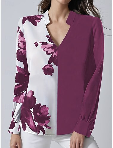 Mujer Camisa Floral Elegante Casual Manga Larga Escote en Pico Tops regulares Diario Estampado Negro Azul Piscina Fucsia Primavera Otoño