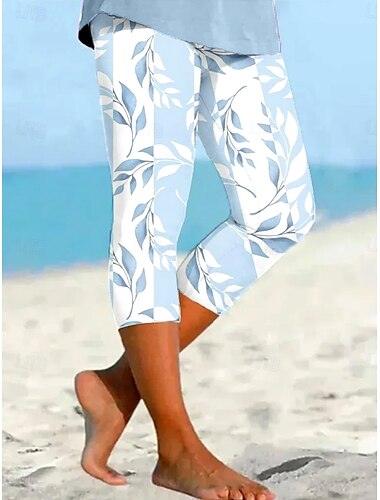  Damen Leggings Capri Hosen hohe Elastizität Urlaub Mode Hawaiian Wadenlänge Mittel Taille Blumengrafik Blatt Druck atmungsaktiv weich Urlaub lässig täglich Baby blau Sommer Frühling Regulär Passform