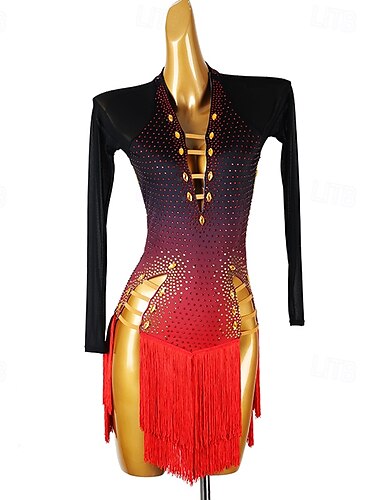  Latein-Tanzkleid mit Quaste und Strasssteinen für Damen, langärmelig, Salsa-Wettbewerbskleider, Rumba-Tanzkleidung